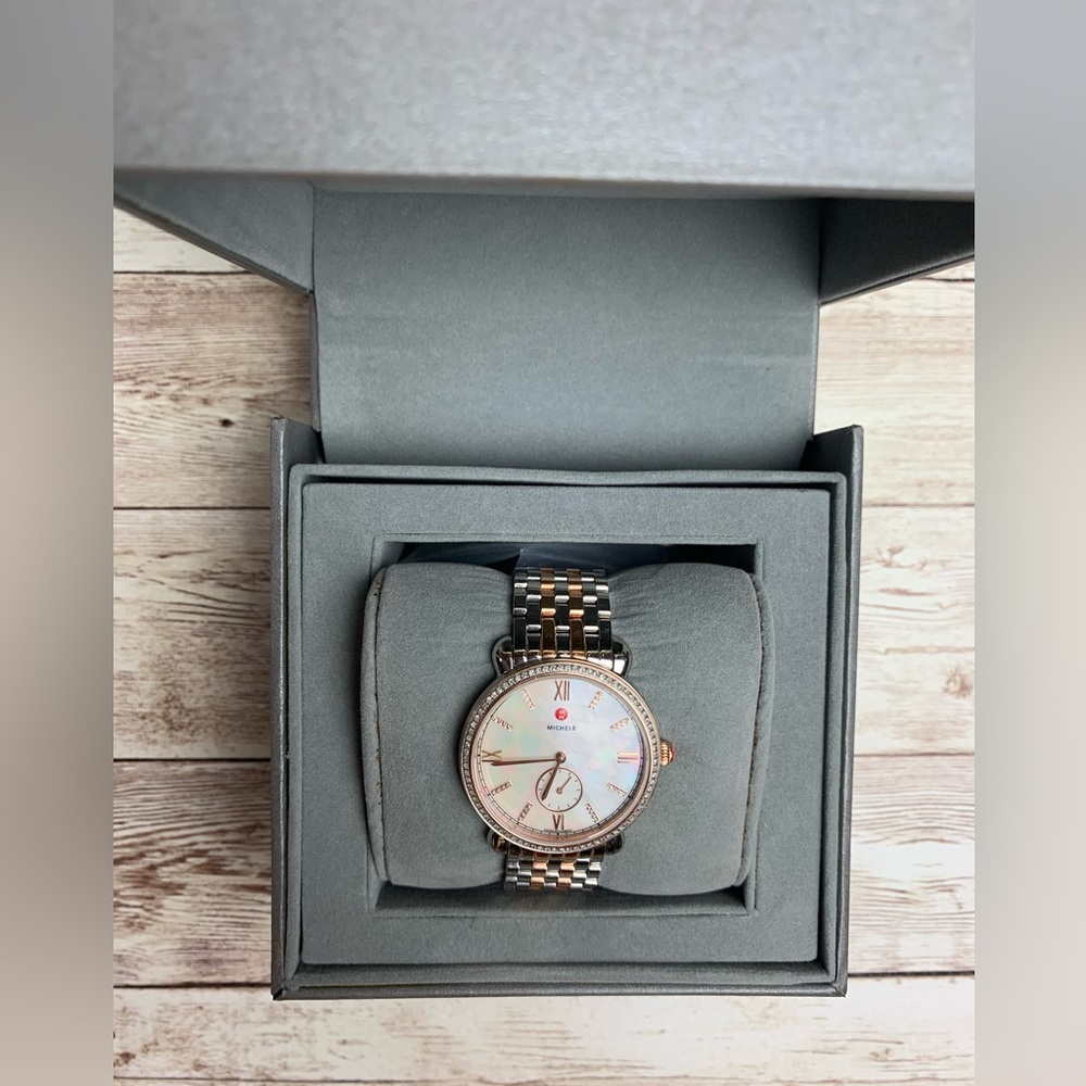 Michele | Two-tone Gracile Mother of Pearl Diamond Watch - Picture 6 of 10
